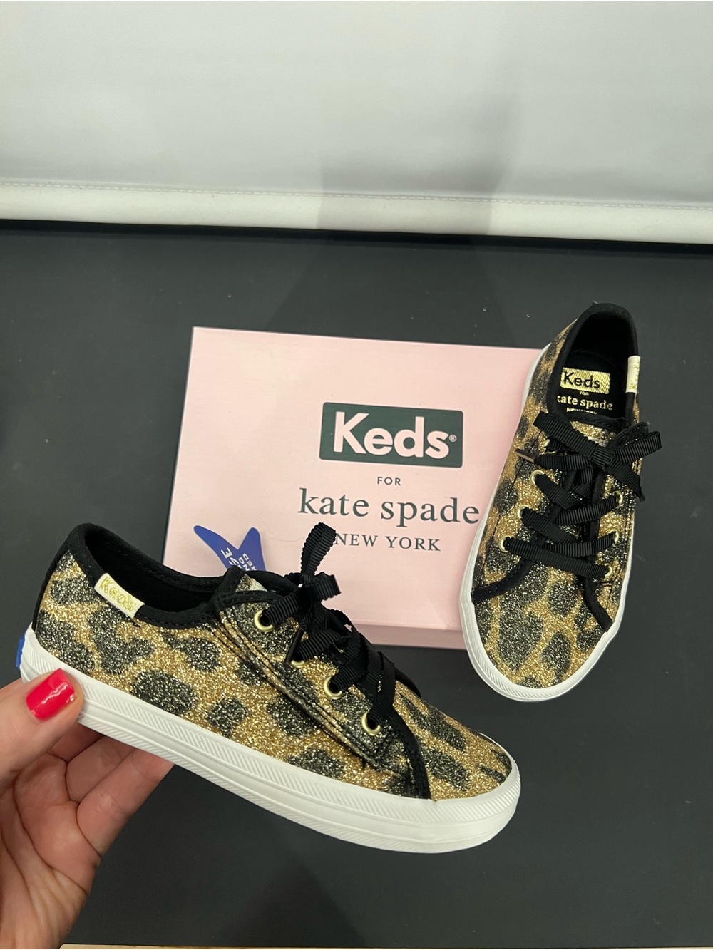 Keds x Kate Spade Kickstart Jr no tie sneakers leopard sparkle 9.5 kids new